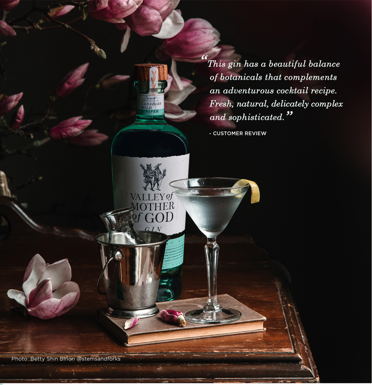 A bottle of Valley of Mother of God on a desk, with an ice bucket and a martini glass full of gin.